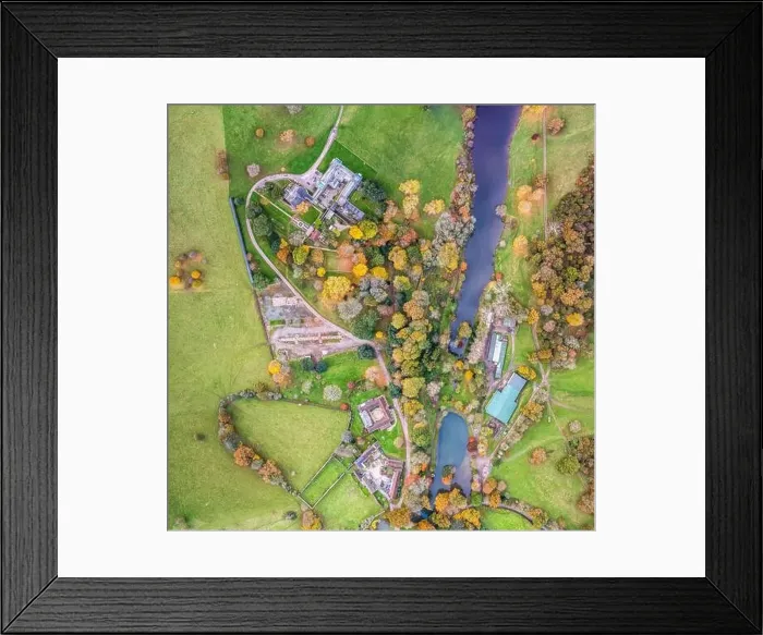 Framed Print : Top down panorama over Ugbrooke House and Gardens from a drone in the colors of fall, Exeter, Devon, England, Europe Framed Print : Top down panorama over Ugbrooke House and Gardens from a drone in the colors of fall, Exeter, Devon, England, Europe
