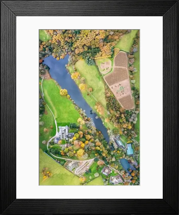 Framed Print : Top down panorama over Ugbrooke House and Gardens from a drone in the colors of fall, Exeter, Devon, England, Europe Framed Print : Top down panorama over Ugbrooke House and Gardens from a drone in the colors of fall, Exeter, Devon, England, Europe