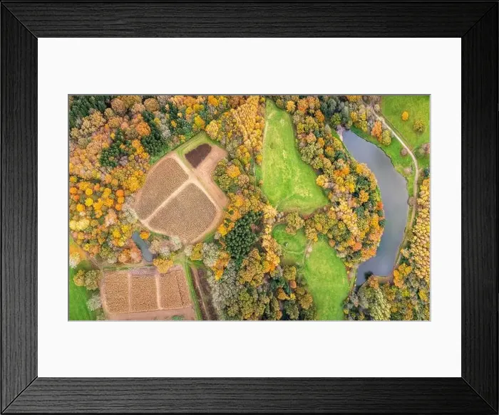 Framed Print : Top down view over Park, Pond and Gardens from a drone in the colors of fall, Exeter, Devon, England, Europe Framed Print : Top down view over Park, Pond and Gardens from a drone in the colors of fall, Exeter, Devon, England, Europe