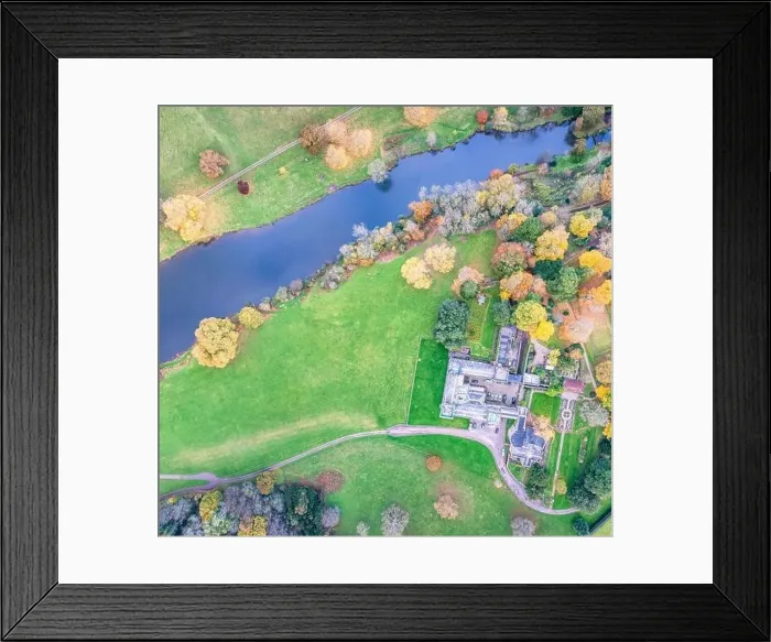 Framed Print : Top down panorama over Ugbrooke House and Gardens from a drone in the colors of fall, Exeter, Devon, England, Europe Framed Print : Top down panorama over Ugbrooke House and Gardens from a drone in the colors of fall, Exeter, Devon, England, Europe