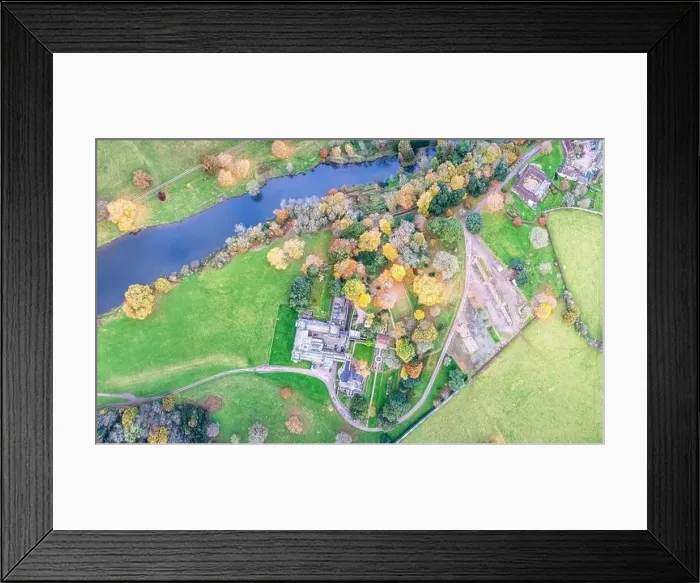 Framed Print : Top down panorama over Ugbrooke House and Gardens from a drone in the colors of fall, Exeter, Devon, England, Europe Framed Print : Top down panorama over Ugbrooke House and Gardens from a drone in the colors of fall, Exeter, Devon, England, Europe