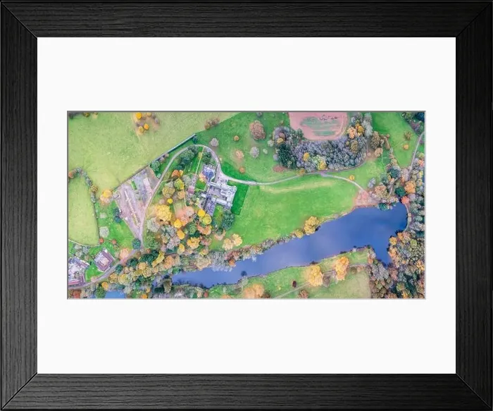 Framed Print : Top down panorama over Ugbrooke House and Gardens from a drone in the colors of fall, Exeter, Devon, England, Europe Framed Print : Top down panorama over Ugbrooke House and Gardens from a drone in the colors of fall, Exeter, Devon, England, Europe
