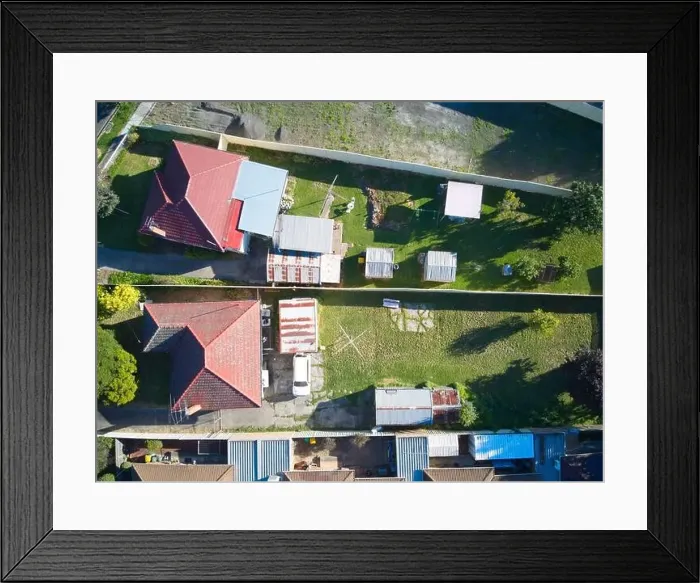 Framed Print : Melbourne aerial suburb view showing divided backyard Framed Print : Melbourne aerial suburb view showing divided backyard