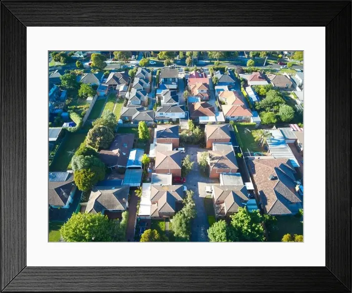Framed Print : Melbourne aerial suburb view showing residential homes