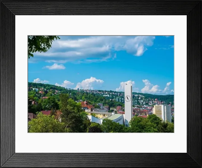 Framed Print : Germany, Aerial panorama view above stuttgart city houses and church steeple