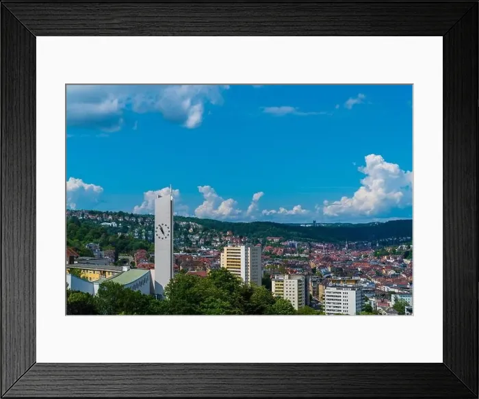 Framed Print : Germany, Panorama view above stuttgart city houses and church steeple Framed Print : Germany, Panorama view above stuttgart city houses and church steeple