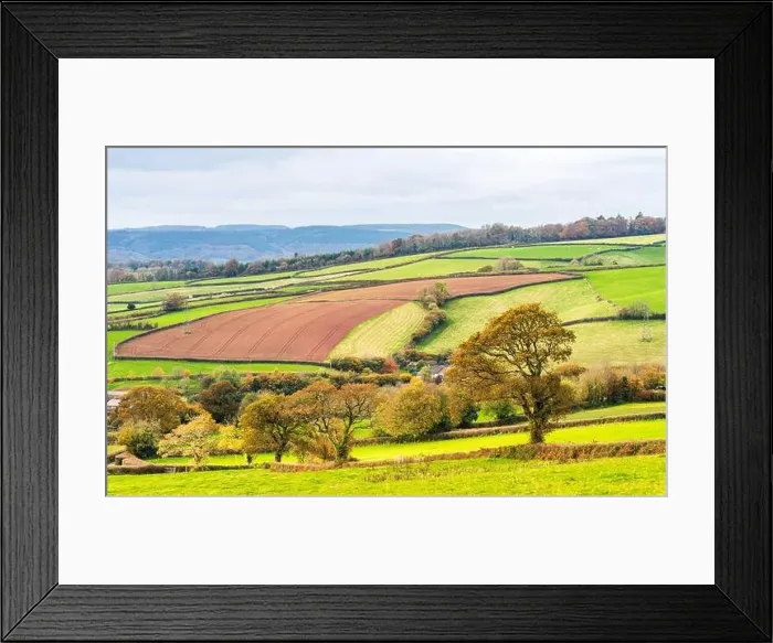 Framed Print : Farmlands, Meadows and Fields over Devon in the colors of fall, England, Europe Framed Print : Farmlands, Meadows and Fields over Devon in the colors of fall, England, Europe