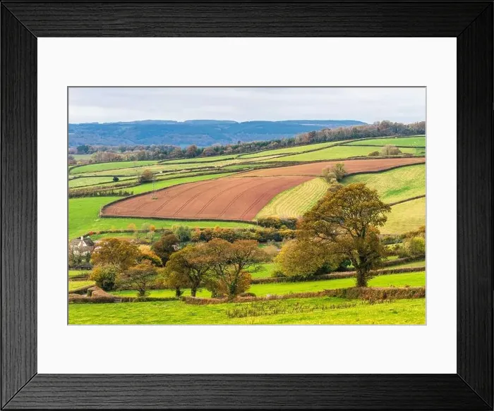 Framed Print : Farmlands, Meadows and Fields over Devon in the colors of fall, England, Europe Framed Print : Farmlands, Meadows and Fields over Devon in the colors of fall, England, Europe