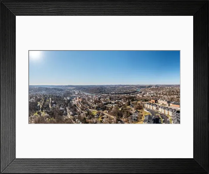 Framed Print : Aerial drone panoramic shot of the downtown area of Morgantown with the WVU campus in the early winter