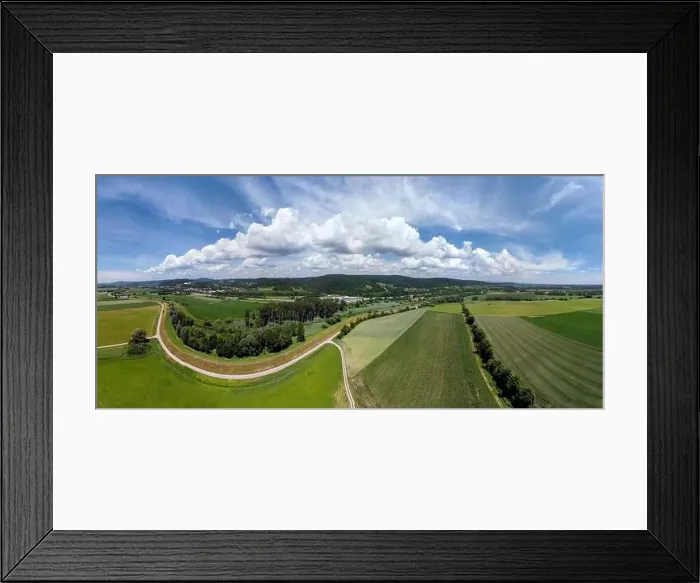 Framed Print : Panorama landscape from the air in the Bavarian Danube area with cloudy summer sky Framed Print : Panorama landscape from the air in the Bavarian Danube area with cloudy summer sky