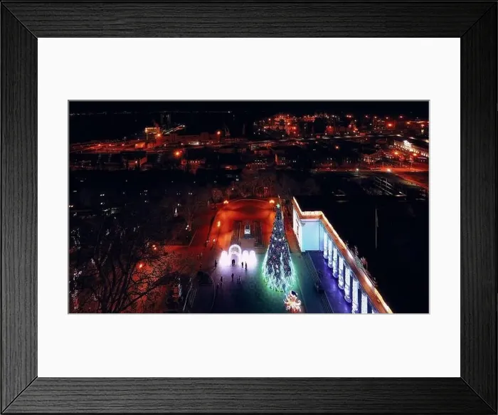 Framed Print : Aerial night panorama of the main Christmas tree on Dumskaya square iand sea port n Odessa Ukraine Framed Print : Aerial night panorama of the main Christmas tree on Dumskaya square iand sea port n Odessa Ukraine