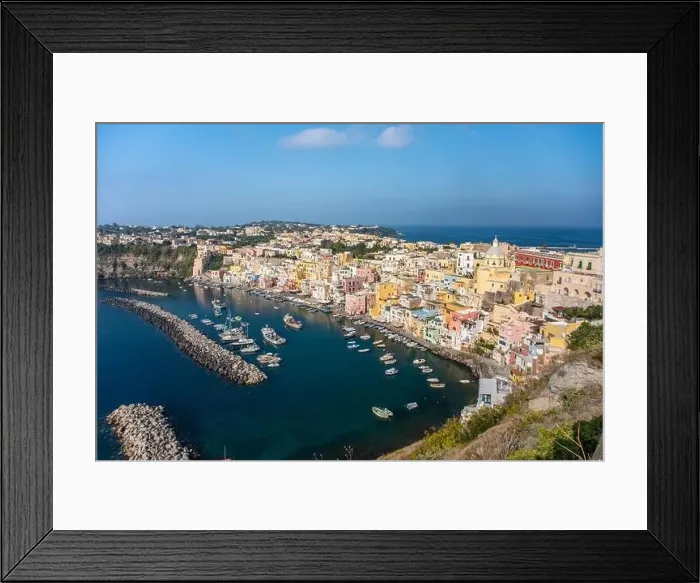 Framed Print : Aerial drone view of Italian island Procida. Marina Corricella and fort Framed Print : Aerial drone view of Italian island Procida. Marina Corricella and fort