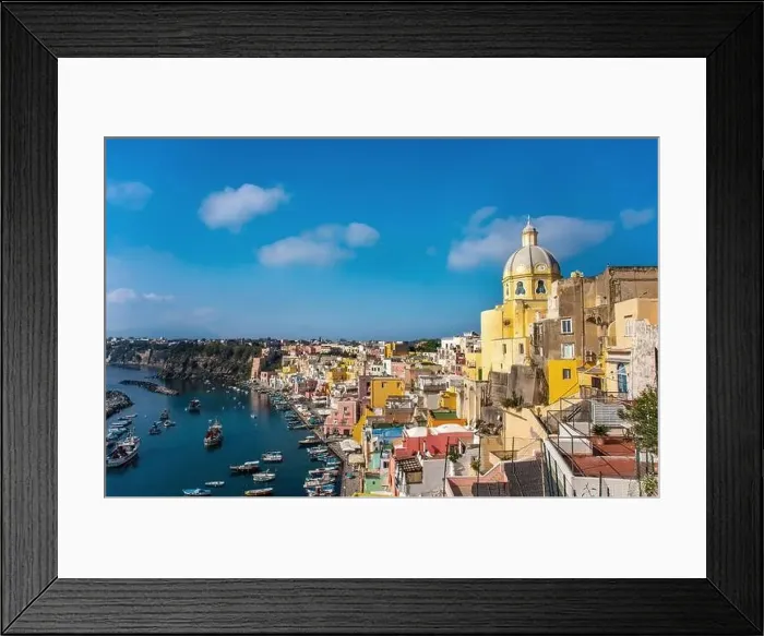 Framed Print : Aerial drone view of Corricella fisherman village in Procida island Naples Italy Framed Print : Aerial drone view of Corricella fisherman village in Procida island Naples Italy