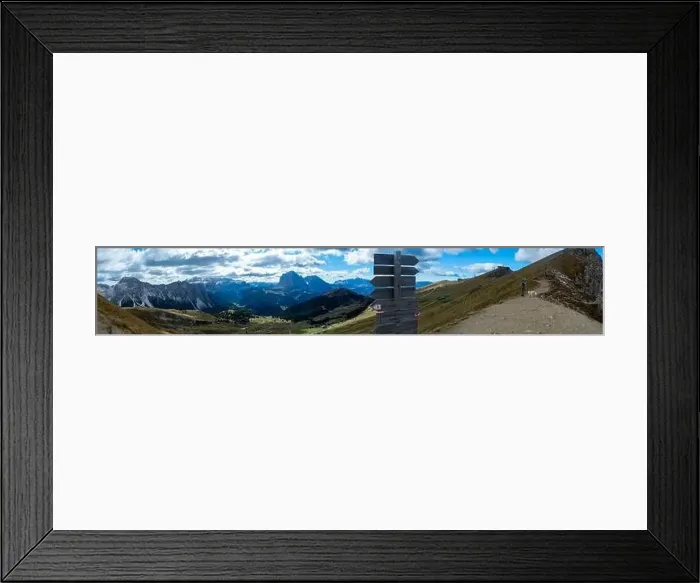 Framed Print : Trail Marker Signs with dramatic mountain background. Hiking Dolomites in European Alps. Gardena Pass, Italy Framed Print : Trail Marker Signs with dramatic mountain background. Hiking Dolomites in European Alps. Gardena Pass, Italy