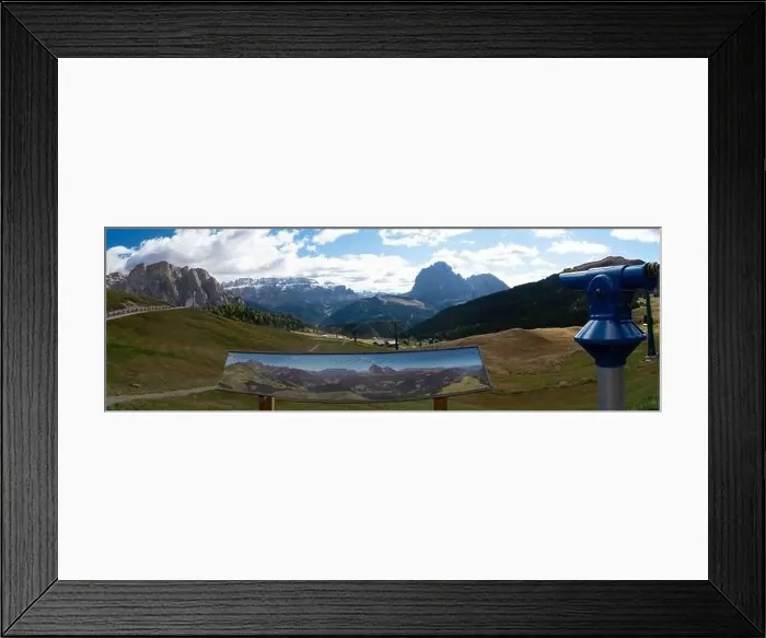 Framed Print : Map of Dolomites and Telescope with Mountain in the background. European Alps, Gardena Pass, Italy Framed Print : Map of Dolomites and Telescope with Mountain in the background. European Alps, Gardena Pass, Italy