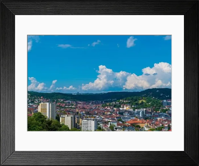 Framed Print : Germany, Panorama view above stuttgart city houses and church steeple Framed Print : Germany, Panorama view above stuttgart city houses and church steeple