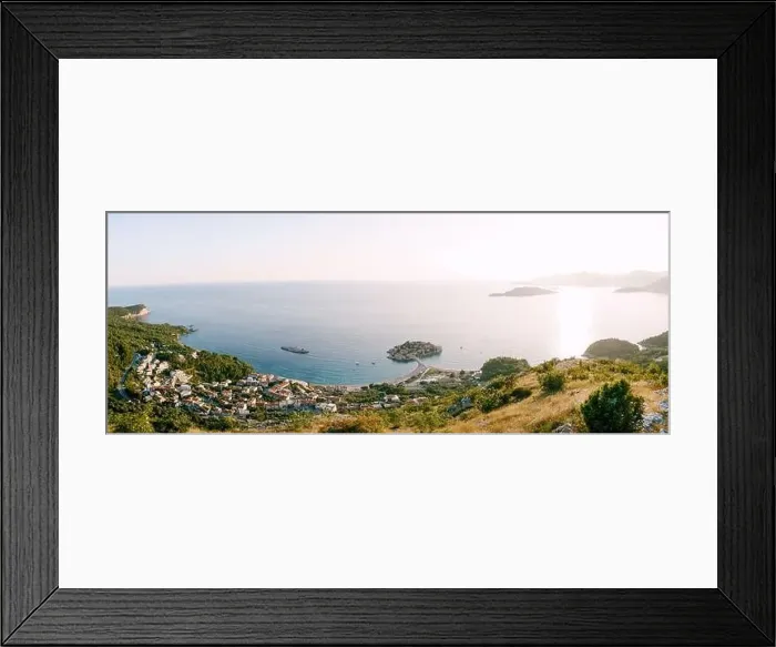 Framed Print : Panoramic view from the mountain to the island of Sveti Stefan in the Kotor Bay. Montenegro Framed Print : Panoramic view from the mountain to the island of Sveti Stefan in the Kotor Bay. Montenegro