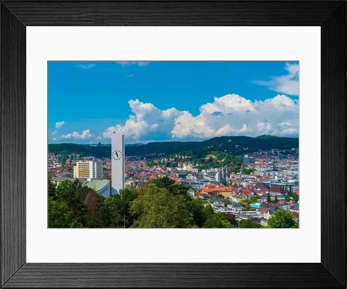 Framed Print : Germany, Stuttgart panorama view above city houses and church steeple Framed Print : Germany, Stuttgart panorama view above city houses and church steeple