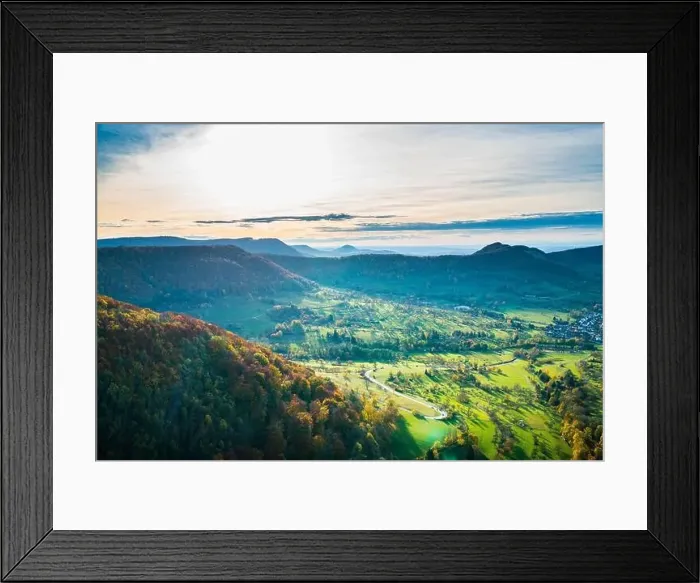 Framed Print : Germany, Panorama view above swabian alb nature landscape at neuffen village in colorful autumn atmosphere at sunset Framed Print : Germany, Panorama view above swabian alb nature landscape at neuffen village in colorful autumn atmosphere at sunset