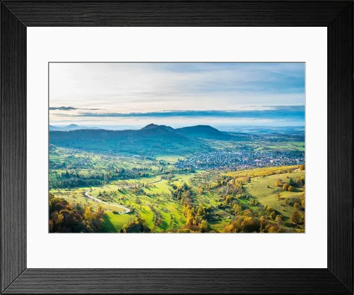 Framed Print : Germany, Aerial panorama view above swabian jura nature landscape at neuffen city in colorful autumn atmosphere Framed Print : Germany, Aerial panorama view above swabian jura nature landscape at neuffen city in colorful autumn atmosphere