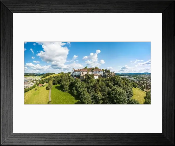 Framed Print : Lenzburg, Switzerland - 22.06.2020: Aerial drone panorama of the Lenzburg castle Framed Print : Lenzburg, Switzerland - 22.06.2020: Aerial drone panorama of the Lenzburg castle