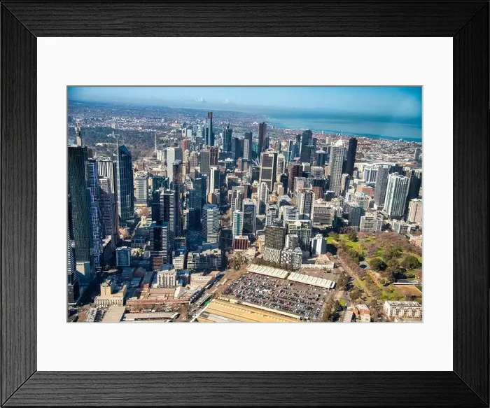 Framed Print : MELBOURNE, AUSTRALIA - SEPTEMBER 8, 2018: Aerial view of city central business district from helicopter Framed Print : MELBOURNE, AUSTRALIA - SEPTEMBER 8, 2018: Aerial view of city central business district from helicopter