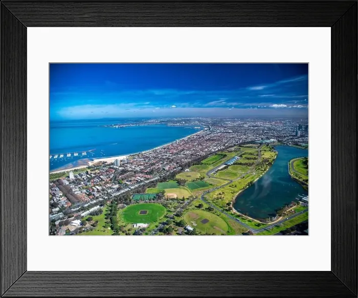 Framed Print : Melbourne coastline and park from helicopter Framed Print : Melbourne coastline and park from helicopter