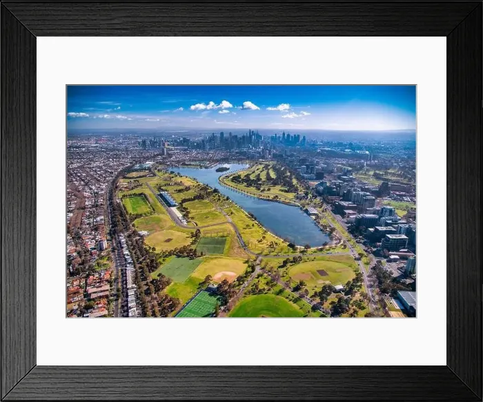 Framed Print : Melbourne, Australia. Aerial city skyline from helicopter. Skyscrapers, park and lake Framed Print : Melbourne, Australia. Aerial city skyline from helicopter. Skyscrapers, park and lake