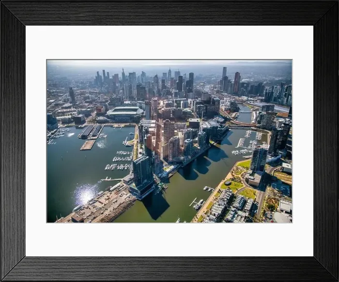Framed Print : MELBOURNE, AUSTRALIA - SEPTEMBER 8, 2018: Aerial city skyline from helicopter. Downtown and Yarra river