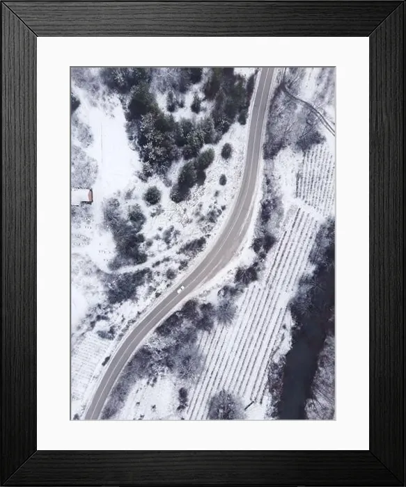 Framed Print : High angle top down aerial view drone image on road trough the trees Framed Print : High angle top down aerial view drone image on road trough the trees