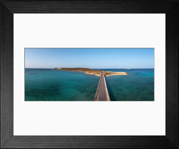 Framed Print : Greece. Aerial panoramic view over Kythira Diakofti bridge going to island harbor, blue sky and sea, sunny summer day Framed Print : Greece. Aerial panoramic view over Kythira Diakofti bridge going to island harbor, blue sky and sea, sunny summer day