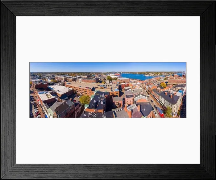 Framed Print : Portsmouth historic downtown aerial view at Market Street with historic buildings Framed Print : Portsmouth historic downtown aerial view at Market Street with historic buildings