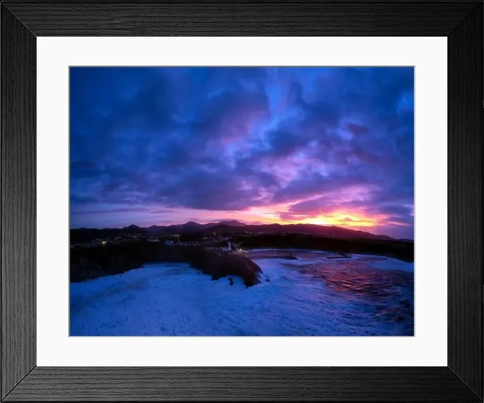 Framed Print : Aerial view of Luarca in Asturias from the sea at sunset. Spain Framed Print : Aerial view of Luarca in Asturias from the sea at sunset. Spain