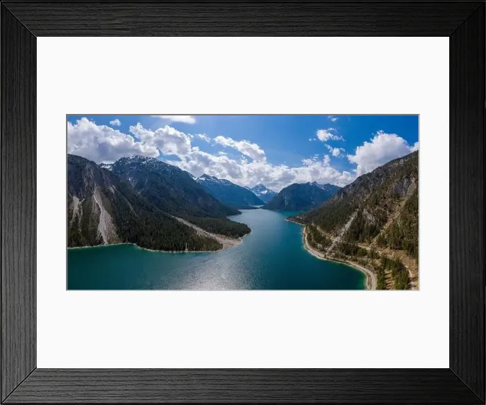 Framed Print : aerial view to blue lake plansee at spring with austrian mountain slps