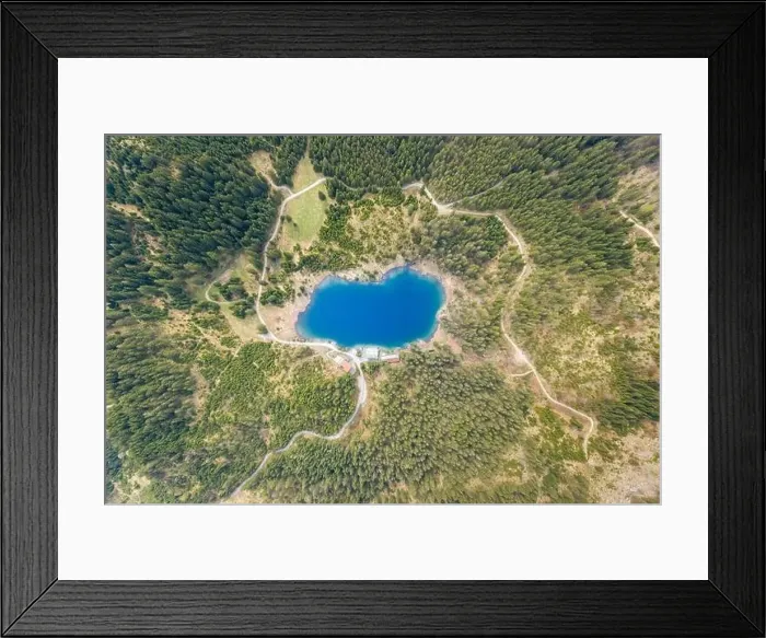 Framed Print : top bird eye view to lake Frauensee surrounded by forest trees at Austria in spring Framed Print : top bird eye view to lake Frauensee surrounded by forest trees at Austria in spring