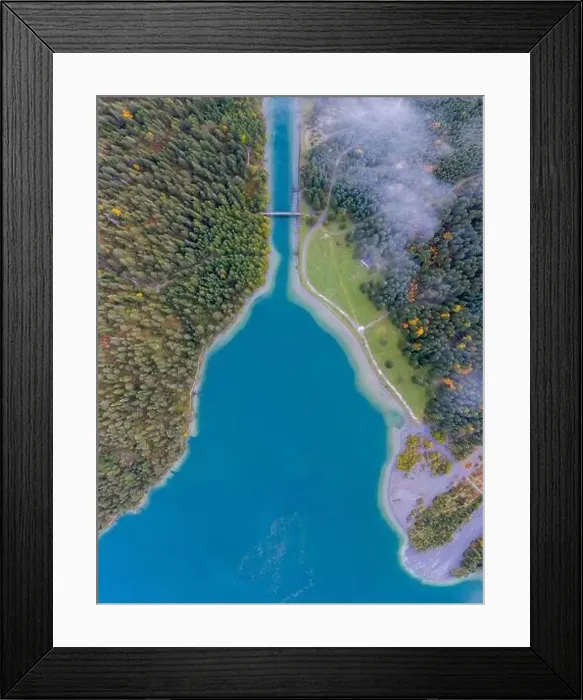 Framed Print : blue lake heiterwang with channel bridge at fall with view from above Framed Print : blue lake heiterwang with channel bridge at fall with view from above