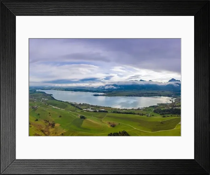 Framed Print : aerial view to artificial quarry pond forggensee lake at fall Framed Print : aerial view to artificial quarry pond forggensee lake at fall