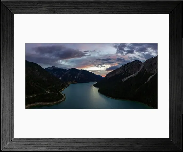 Framed Print : sunrise at lake plansee with red cloudy sky in tyrol mountains Framed Print : sunrise at lake plansee with red cloudy sky in tyrol mountains
