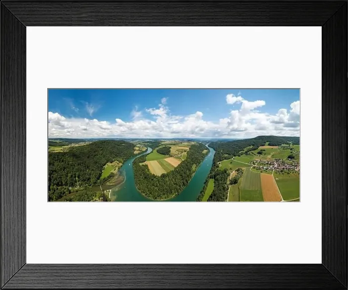 Framed Print : Aerial drone panorama of Rhine loop and sinuosity at Toesegg in Canton Zurich, Switzerland (large stitsched file)
