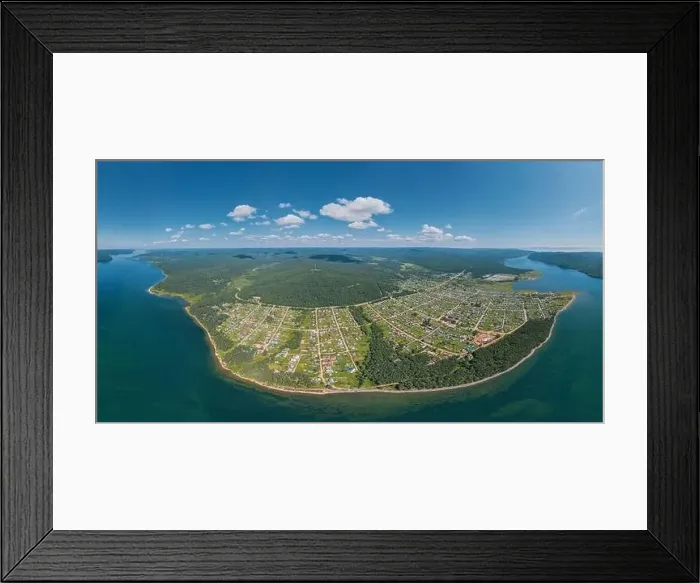 Framed Print : The Angara River in Siberia leaving Lake Baikal near the settlement of Listvyanka. Panoramic aerial view Framed Print : The Angara River in Siberia leaving Lake Baikal near the settlement of Listvyanka. Panoramic aerial view
