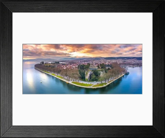 Framed Print : Aerial view of Ioannina city in Greece, Aslan Pasha Tzami, the lake with the island of Kyra Frosini or nissaki Framed Print : Aerial view of Ioannina city in Greece, Aslan Pasha Tzami, the lake with the island of Kyra Frosini or nissaki