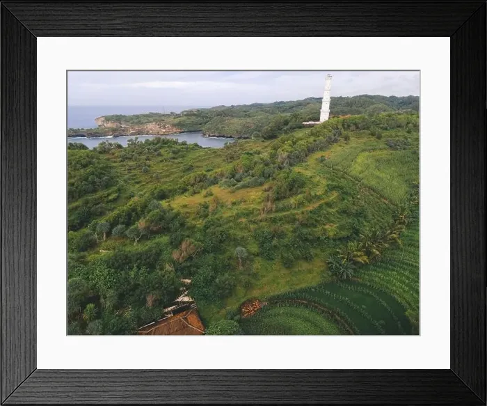 Framed Print : Aerial view of Baron beach in Yogyakarta, Indonesia with lighthouse and traditional boats Framed Print : Aerial view of Baron beach in Yogyakarta, Indonesia with lighthouse and traditional boats