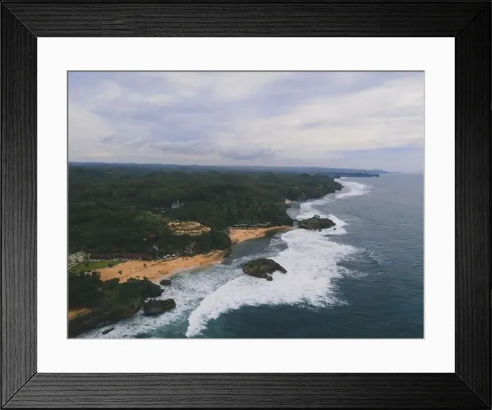 Framed Print : Aerial view of Baron beach in Yogyakarta, Indonesia with lighthouse and traditional boats Framed Print : Aerial view of Baron beach in Yogyakarta, Indonesia with lighthouse and traditional boats