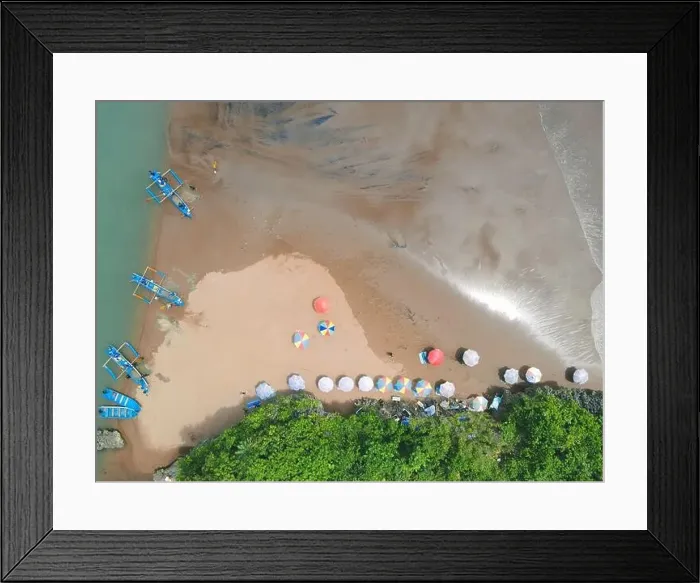 Framed Print : Top aerial view of traditional boats in lagoon beach in Indonesia Framed Print : Top aerial view of traditional boats in lagoon beach in Indonesia
