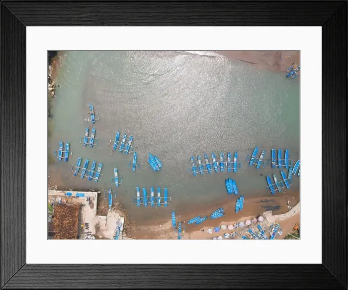 Framed Print : Top aerial view of traditional boats in lagoon beach in Indonesia Framed Print : Top aerial view of traditional boats in lagoon beach in Indonesia