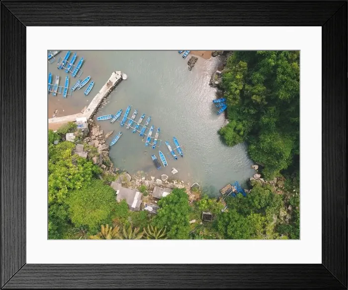 Framed Print : Top aerial view of traditional boats in lagoon beach in Indonesia Framed Print : Top aerial view of traditional boats in lagoon beach in Indonesia
