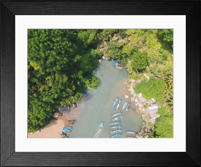 Framed Print : Aerial view of Baron beach in Yogyakarta, Indonesia with lighthouse and traditional boats Framed Print : Aerial view of Baron beach in Yogyakarta, Indonesia with lighthouse and traditional boats