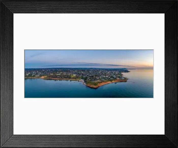 Framed Print : Aerial view of Daveys Bay Yacht Club and scenic coastline at sunset in Melbourne, Australia Framed Print : Aerial view of Daveys Bay Yacht Club and scenic coastline at sunset in Melbourne, Australia