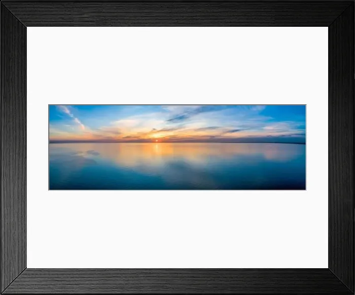 Framed Print : Wide aerial panorama of seascape - sunset reflecting in calm sea Framed Print : Wide aerial panorama of seascape - sunset reflecting in calm sea