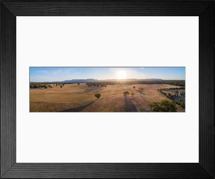 Framed Print : Australian countryside with mountains at sunset - wide aerial panorama Framed Print : Australian countryside with mountains at sunset - wide aerial panorama